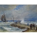 Early 19th century watercolour, shipping off Calais Pier, unsigned, 3.5" x 5", framed