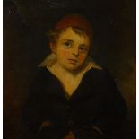 19th century oil on canvas, portrait of a young boy wearing a red cap, unsigned, 16" x 12", framed