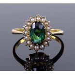 A 9ct gold green-stone and seed pearl cluster ring, green stone probably chrysoprase, setting height