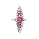 An Edwardian ruby and diamond marquise-shaped ring, settings probably 18ct gold, setting height 20.