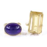 A large 18ct gold citrine tableau ring, size Q, 11g, together with a 9ct gold cabochon amethyst