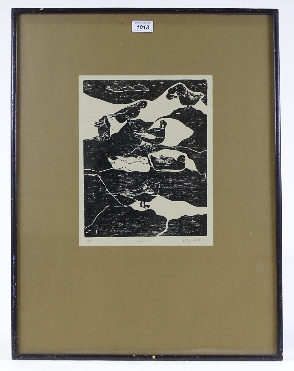 Woodcut print, Love, indistinctly signed in pencil, 1978, image size 11.5" x 9", framed - Image 2 of 4