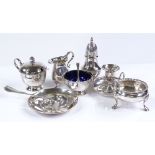 Various silver cruets, a silver chamber stick, a pepperette etc, 15.7oz weighable