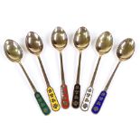 A set of 6 silver-gilt and enamel-handled teaspoons, by Egon Lauridsen of Denmark