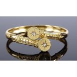 A Victorian unmarked gold diamond set double-torque bangle, with applied filigree and rope twist