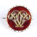 An Antique unmarked gold diamond and 2-colour enamel brooch, with crystal panel back, diameter 22.