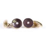 A pair of 18ct gold mother-of-pearl and seed pearl cufflinks, panel diameter 12.9mm, 6.6g, boxed