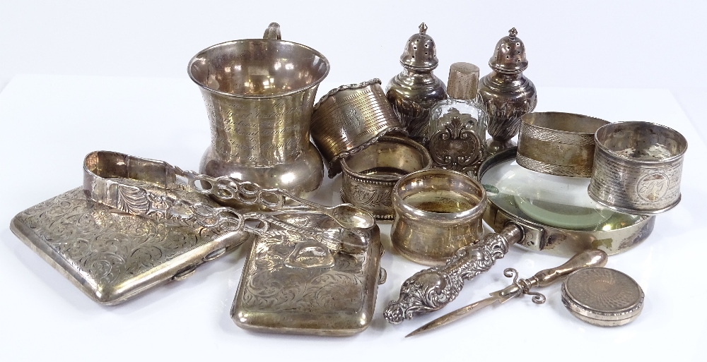 Various silver items, including a thistle shaped mug, a curved cigarette case, napkin rings etc, - Image 2 of 3