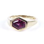 A 9ct gold hexagonal-cut garnet signet ring, setting height 8.6mm, size N, 5.1g