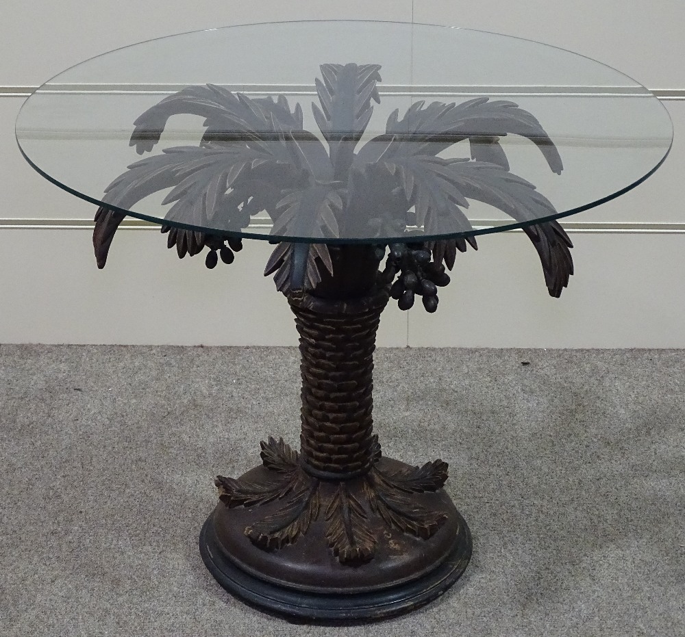 A 1950s Italian carved and painted wood palm tree design table, with glass top, diameter 28"