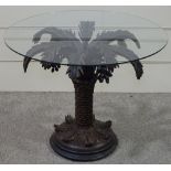 A 1950s Italian carved and painted wood palm tree design table, with glass top, diameter 28"