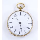 A Swiss unmarked gold open-face key-wind fob watch, with engine turned case and white enamel dial,