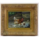 Modern oil on panel, hen and chicks, indistinctly signed, 12" x 16", framed