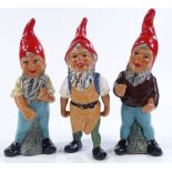 3 Vintage Heissner hand painted terracotta gnomes, circa 1960s, with original labels, height 22cm