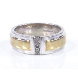 A 2-tone 9ct gold 3-stone diamond band ring, with channel set diamonds, maker's marks B Bros, band