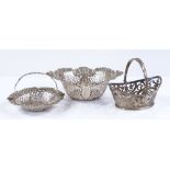 3 pierced and embossed silver bon bon baskets, largest length 14cm, 5.4oz total (3)