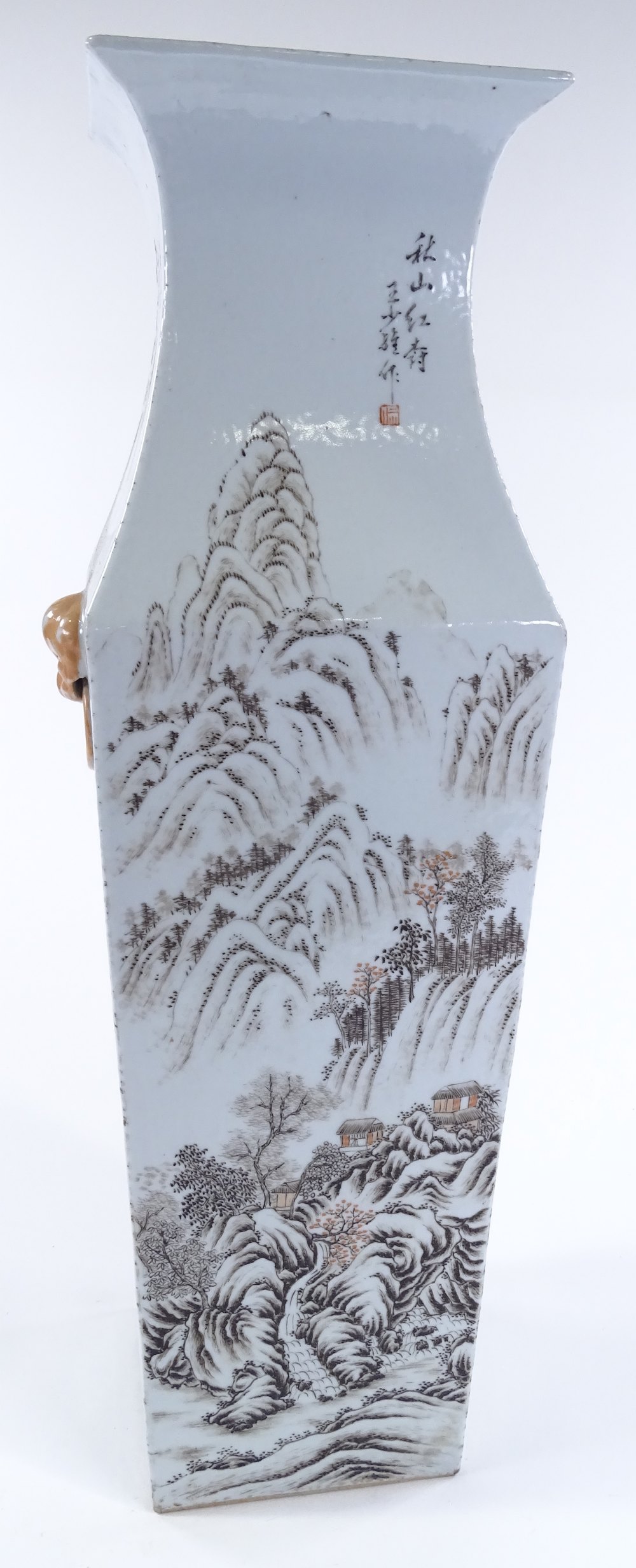 A Chinese porcelain square section vase with painted mountain landscape and text, height 57cm, rim - Image 2 of 18