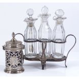 A Georgian silver cruet stand with 3 glass bottles, by Robert Hennell I and Samuel Hennell,