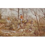 Terry Harrison, watercolour, foxhunting scene, 13" x 20", framed