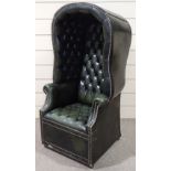 A Victorian style green-buttoned leather upholstered porter's hall chair, height 5'4", width 2'7"