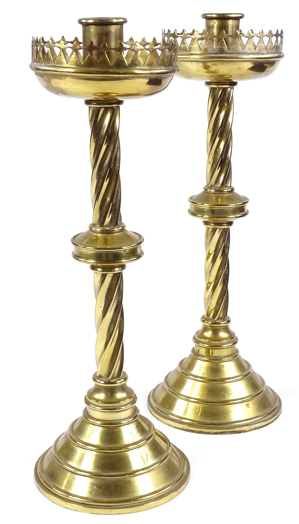 A pair of Gothic style brass candle stands, with pierced rims, height 39cm - Image 3 of 3