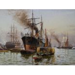 Charles John De Lacy (1856 - 1929), oil on canvas, cargo ships unloading on the Thames, signed,