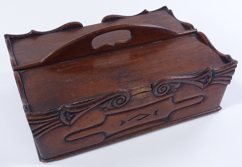 A Victorian rectangular mahogany housemaid's tray, with carved surround and 2 hinged lids, length - Image 2 of 3