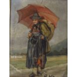 Continental oil on canvas board, figure with an umbrella, indistinctly signed, 16" x 12", framed