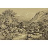 19th century pencil heightened with white, fishermen in a mountain landscape, indistinctly signed,