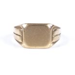 A 9ct gold square signet ring, maker's marks T&B, panel height 11.1mm, size T, 7g