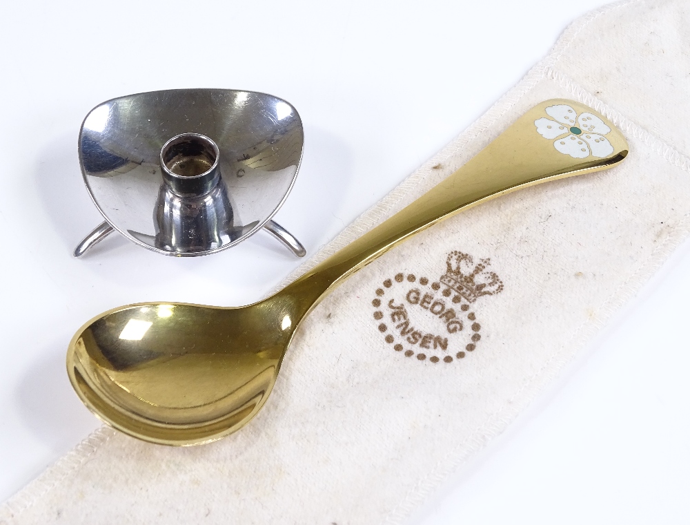 A Georg Jensen Danish sterling silver gilt spoon, with enamel cherry blossom handle, with dust bag