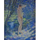 Follower of Frederick Frieseke, early 20th century coloured pastels, nude bather on a riverbank,