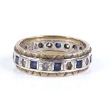 A 2-tone 9ct gold sapphire and diamond eternity ring, band width 5.2mm, size K, 3.5g