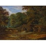 19th century oil on canvas, old stone bridge, unsigned, 12" x 16", framed