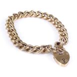 A 9ct gold curb hollow link charm bracelet, with heart lock buckle, 15.9g