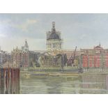 John Moore, oil on board, construction site near St Paul's Cathedral, circa 1970, 24" x 30",