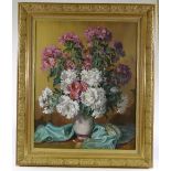 Oil on canvas, still life flowers, indistinctly signed, 32" x 26", framed