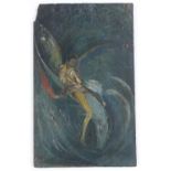 Early 20th century oil on panel, surrealist study, figure riding a dolphin, unsigned, 13.5" x 8.
