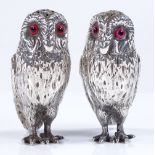 A pair of silver owl design pepperettes, by Richards & Brown, hallmarks London 1870, height 8cm, 2.