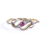 An 18ct gold 5-stone ruby and diamond crossover ring, platinum-topped, setting height 6.8mm, size Q,