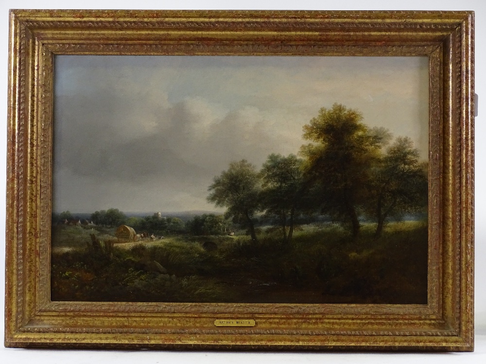 Arthur Beattie, oil on canvas, rural landscape, 16" x 24", framed - Image 2 of 4