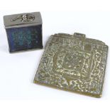 A Chinese nickel plate box with coloured enamel decoration, height 5cm, and a Chinese relief cast