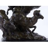 A patinated bronze sculpture depicting mountain goats on a rocky outcrop, black marble plinth,