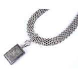 A Victorian silver collar necklace, with photo locket pendant, engraved with bird and leaf design,