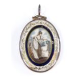 A Victorian hand painted watercolour panel mourning pendant, depicting a lady with a wreath, with