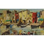 S Margarit, oil on canvas, Continental harbour scene, 20" x 33", framed