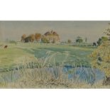 Guy Malet RBA (1900 - 1973), watercolour, across the marsh, Abbott and Holder exhibition label