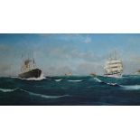 F A Hastings, oil on canvas, steam and sail ships off the coast 1910, 18" x 48", framed