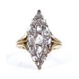 An 18ct gold diamond cluster marquise ring, set with rose-cut diamonds, setting height 16.5mm,