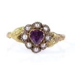 A Victorian 15ct gold heart-shaped amethyst and pearl cluster forget-me-not ring, with textured hand